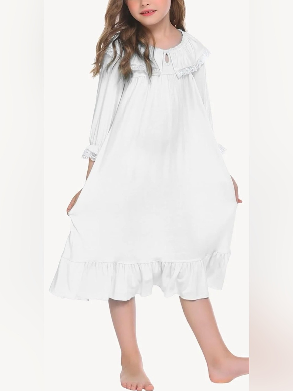 Classic White Girls' Nightgown - Soft Long Sleeve Sleepwear size 120 (size 5/6)